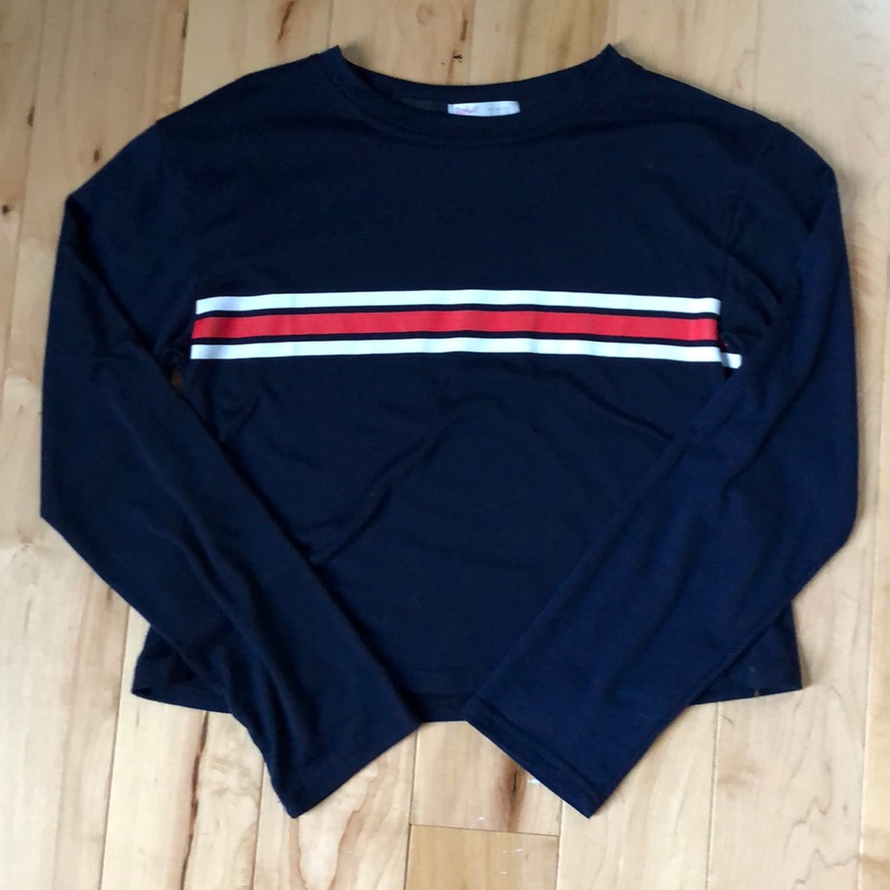 Red and navy striped long sleeve shirt